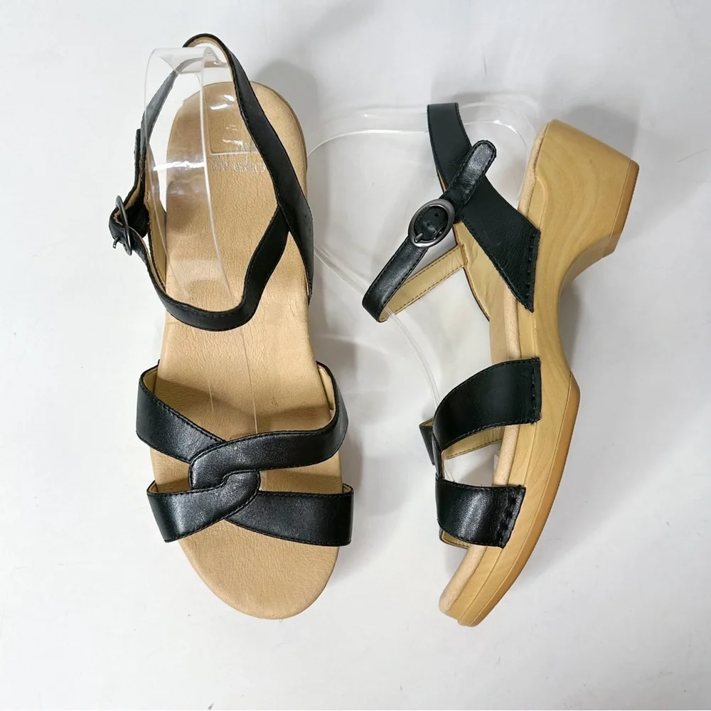 Dansko Black Leather Strappy Tan Wood-Effect Wedge Sandals